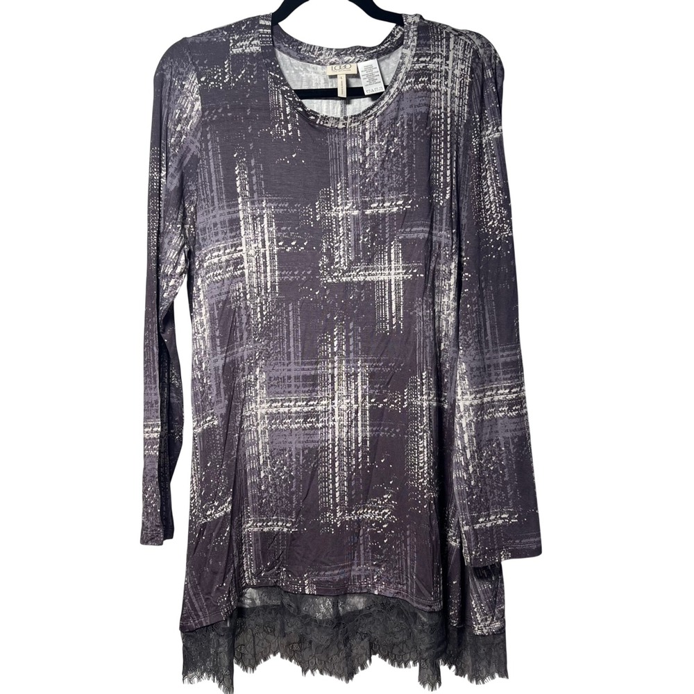 LOGO Lori Goldstein Purple Abstract Lace Trim Long Sleeve Tunic Top Large Boho